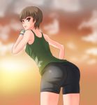  1girl alternate_costume artist_request ass atlus bare_shoulders bike_shorts breasts brown_eyes brown_hair from_behind jersey leaning leaning_forward looking_at_viewer looking_back megami_tensei persona persona_4 satonaka_chie shin_megami_tensei short_hair sideboob solo wristband 