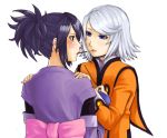  2girls black_hair blue_eyes blush brown_eyes capelet coat gloves lips multiple_girls pocky ponytail refill_sage ribbon sheena_fujibayashi short_hair silver_hair tales_of_(series) tales_of_symphonia yuri 