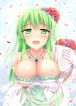  1girl :d bare_shoulders blush bouquet breast_hold breasts bridal_veil bursting_breasts cleavage collarbone dress elbow_gloves female flower gloves green_eyes green_hair jewelry jogie_(artist) large_breasts long_hair looking_at_viewer necklace open_mouth original petals smile solo veil wedding_dress white_gloves 