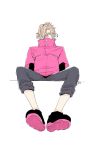  1boy blonde_hair capri_pants diabolik_lovers feet from_below full_body hair_over_one_eye looking_at_viewer male_focus mukami_kou pants ponytail pov_feet shoes simple_background sitting solo white_background 