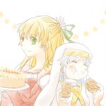  1girl blonde_hair blue_hair blush breasts character_request claire_bennett closed_eyes copyright_request dress eating flower green_eyes hat long_hair pie ribbon smile tales_of_(series) tales_of_rebirth 
