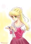  1girl blonde_hair blush breasts claire_bennett dress flower green_eyes long_hair ribbon smile tales_of_(series) tales_of_rebirth 