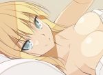  1girl bed bismarck_(kantai_collection) blonde_hair blue_eyes breasts cleavage kantai_collection long_hair looking_at_viewer lying nude on_back oota_yuuichi smile solo 