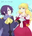  1boy 1girl aqua_eyes blonde_hair blue_eyes breasts claire_bennett coat dress flower gloves long_hair purple_hair ribbon saleh short_hair smile tales_of_(series) tales_of_rebirth 