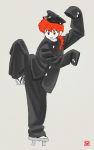  1girl :p braid full_body genderswap grey_background hat lucille ranma-chan ranma_1/2 redhead saotome_ranma simple_background single_braid solo standing standing_on_one_leg tongue tongue_out 