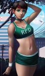  1girl alternate_costume bike_shorts blue_sky breasts brown_hair city cleavage erect_nipples exmile headband helicopter looking_at_viewer midriff navel rebecca_chambers resident_evil resident_evil_0 sky solo sports_bra 