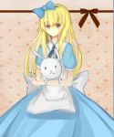  1girl alice_liddell animal blonde_hair blue_dress blue_eyes bow dress hair_bow hair_ornament heart_no_kuni_no_alice large_bow long_hair rabbit rabbit ryotaruu solo 