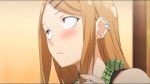  1girl animated animated_gif blush brown_hair dagashi_kashi earrings embarrassed endou_saya_(dagashi_kashi) jewelry long_hair solo standing 