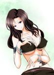  1girl bikini_top blue_eyes breasts brown_hair cana_alberona cleavage erect_nipples fairy_tail female large_breasts long_hair looking_at_viewer navel smile solo under_boob 