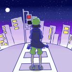  1boy animated animated_gif back buildings from_behind night shicchi_no_gensei_rin sky solo stars street 