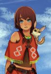  1girl amy_(suisei_no_gargantia) animal bare_shoulders belt blue_eyes braid brown_eyes brown_hair clouds hair_bobbles hair_ornament long_hair looking_at_viewer midriff parted_lips ryonma sky solo standing suisei_no_gargantia twin_braids upper_body 