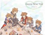  2016 6+boys alternate_color artist_request brown_hair chopsticks dated eating food glowing glowing_eyes happy_new_year hood hoodie jewelry kingdom_hearts kingdom_hearts_ii multiple_boys multiple_persona necklace new_year sora_(kingdom_hearts) spiky_hair table 