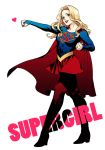  1girl blonde_hair blue_eyes boots cape character_name dc_comics emblem heart kamome_shirahama kryptonian looking_at_viewer pantyhose skirt smile solo supergirl superman_(series) thigh_boots 