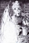  2girls artist_request ballpoint_pen_(medium) fire highres jomon_period monochrome multiple_girls traditional_media 