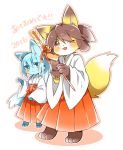  2016 2girls artist_request blue_eyes blue_hair brown_eyes brown_hair fox furry happy_new_year japanese_clothes multiple_girls new_year one_eye_closed open_mouth translated 