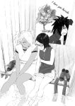  1boy 2girls akimichi_chouchou barefoot monochrome multiple_girls naruto outdoors shoes_removed tagme uchiha_sarada 