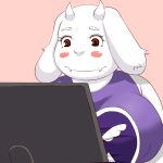  1girl breasts brown_eyes brown_hair computer female grape_jelly_(artist) horn open_mouth sheep short_hair simple_background solo toriel undertale upper_body 