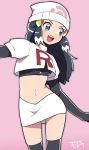  1girl blue_eyes blue_hair cosplay female hat hikari_(pokemon) midriff nintendo pokemon pokemon_(anime) pokemon_(game) pokemon_dppt skirt solo standing team_rocket team_rocket_(cosplay) 