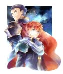  2boys armor blue_eyes blue_hair cape eliwood_(fire_emblem) fire_emblem fire_emblem:_rekka_no_ken fire_emblem_heroes gloves hector_(fire_emblem) kuzumosu long_hair looking_at_viewer multiple_boys open_mouth redhead short_hair simple_background smile 