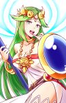  1girl bare_shoulders breasts cleavage green_hair jewelry kid_icarus kid_icarus_uprising lyn_(shunao) necklace nintendo palutena sheild solo staff tiara 