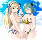  2girls bikini blonde_hair blue_eyes breast_press breasts cleavage curvy green_hair hikage_(senran_kagura) katsuragi_(senran_kagura) kuchibiru large_breasts long_hair looking_at_viewer multiple_girls navel ponytail senran_kagura senran_kagura_(series) side_ponytail smile standing swimsuit symmetrical_docking tattoo yellow_eyes 