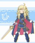  1girl alternate_costume artist_request blonde_hair breasts cape closed_eyes cosplay female fire_emblem fire_emblem_if long_hair lucina nintendo ophelia_(fire_emblem_if) smile sword weapon 