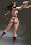  1girl ass back bare_legs bare_shoulders black_hair breasts dc dc_comics female gradient gradient_background huge_ass solo thong wonder_woman wonder_woman_(series) 