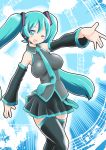  1girl ;d blue_eyes blue_hair eyebrows_visible_through_hair female hatsune_miku looking_at_viewer one_eye_closed open_mouth qm smile solo thighhighs tied_hair twintails vocaloid wink 