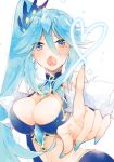  1girl blue_eyes blue_hair breasts cleavage crystal eliza_(sennen_sensou_aigis) fur_trim karomura large_breasts long_hair nail_polish open_mouth sennen_sensou_aigis side_ponytail 