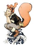  1girl animal_ears boots bow bowtie branch fake_animal_ears jacket kamome_shirahama marvel ribbon squatting squirrel squirrel_girl_(marvel) squirrel_tail very_short_hair 