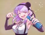  1girl armpits breasts brown_background dagashi_kashi detached_sleeves female flower hair_flower hair_ornament hairband large_breasts purple_hair ramune red_ribbon ribbon shidare_hotaru simple_background smile solo stdl upper_body violet_eyes 