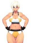  1girl abs artist_request borrowed_character breasts cleavage curvy dark-skinned_girl_(23) dark_skin female hands_on_hips large_breasts looking_at_viewer muscle navel parted_lips smile solo standing thick_thighs violet_eyes white_hair wide_hips 