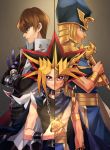  3boys bright_pupils brown_hair height_difference jewelry kaiba_seto looking_at_viewer multicolored_hair multiple_boys profile spiky_hair yami_yuugi yu-gi-oh! 
