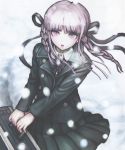  1girl dangan_ronpa dangan_ronpa_kirigiri hair_ribbon jacket kirigiri_kyouko lavender_hair looking_at_viewer open_mouth pleated_skirt ribbon skirt snow solo suitcase tagme twin_braids violet_eyes 