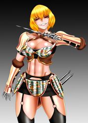  1girl armor bikini bikini_armor black_background black_thighhighs blonde_hair breastplate breasts cleavage cleavage_cutout clementine_(overlord) clenched_teeth criss-cross_halter dagger evil_smile fangs female garter_belt garter_straps gauntlets gradient gradient_background grey_background hair_between_eyes halter_top halterneck head_tilt highres holding holding_weapon large_breasts legs midriff navel neck overlord_(maruyama) pink_eyes revealing_clothes saru_panitumu shiny shiny_skin short_hair smile solo standing swimsuit teeth thigh-highs weapon 