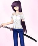  amputee denim jeans katana long_hair pants purple_hair sword violet_eyes 