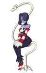  1girl bare_shoulders blue_skin detached_collar detached_sleeves ganno hair_over_one_eye leviathan_(skullgirls) red_eyes side_ponytail sitting skullgirls squigly_(skullgirls) stitched_mouth stitches striped_legwear striped_sleeves thigh-highs zombie zombie_girl 