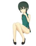  00s 1girl artist_request black_hair bottomless china_dress chinese_clothes dress female full_body green_eyes kino kino_no_tabi looking_at_viewer short_hair simple_background sitting solo white_background 