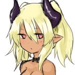  1girl bare_shoulders blonde_hair dark_skin demon_girl face horns looking_at_viewer nude nunnumanun original pointy_ears portrait simple_background solo succubus white_background 