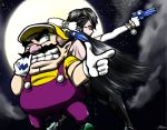  back bayonetta bayonetta_(character) bayonetta_2 black_hair crossover facial_hair fat fat_man finger_gun full_moon glasses gun hat moon mustache night nintendo nose_picking overalls short_hair super_mario_bros. super_smash_bros. wario weapon 