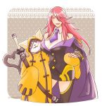  1boy 1girl arc_system_works bare_shoulders blazblue blush breast_press breasts cape cat closed_eyes couple dress eyepatch hair_over_one_eye hood husband_and_wife jubei_(blazblue) konoe_a_mercury large_breasts long_hair multiple_tails necktie nunun open_mouth pink_hair red_eyes sheath sheathed short_dress smile sword tail thigh-highs weapon 