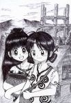  2girls artist_request ballpoint_pen_(medium) highres jewelry jomon_period long_hair monochrome multiple_girls necklace traditional_media 