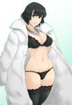  1girl bangs bikini black_hair bra breasts cleavage closed_mouth coat eye_contact eyelashes female fubuki_(one-punch_man) fur_coat green_eyes ittla jewelry lace large_breasts lingerie looking_at_another necklace one-punch_man panties short_hair side-tie_panties simple_background smile solo standing swimsuit thigh-highs underwear 