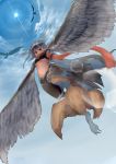  1girl feathers female foreshortening from_below harpy midriff monster_girl original rnd.jpg shorts silver_hair smile talons wings 