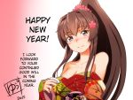  10s 1girl 2015 bare_shoulders blush breasts brown_eyes brown_hair cherry_blossoms cleavage flower hair_flower hair_ornament happy_new_year hard_translated japanese_clothes kantai_collection kimono long_hair looking_at_viewer new_year off_shoulder ponytail sakazuki smile solo translated yamato_(kantai_collection) yuu_yuu_(netaeshi58) 