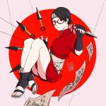  1girl alternate_costume black_hair fingerless_gloves forehead_protector glasses gloves kunai looking_at_viewer mist_s naruto red_eyes sandals sharingan solo string toes uchiha_sarada weapon 