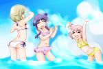  &gt;_&lt; 3girls beach bikini closed_eyes clouds collarbone hinata_yukari ichii_yui laughing ma.ru multiple_girls navel nonohara_yuzuko ocean outdoors partially_submerged pink_hair playing purple_bikini purple_hair purple_swimsuit side-tie_bikini sky smile splashing swimsuit water white_bikini white_swimsuit xd yellow_bikini yellow_swimsuit yuyushiki 