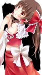  1girl bare_shoulders blush bow brown_hair detached_sleeves hair_bow hair_tubes hakurei_reimu highres looking_back open_mouth red_eyes sash solo stigma1101 touhou 