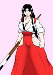  1girl black_hair breasts cleavage haruta_hiko headband japanese_clothes large_breasts long_hair miko spear weapon 
