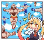  1girl 2boys beard blonde_hair crossover dragon_girl facial_hair highres horns jin_fu-ha kobayashi-san_chi_no_maidragon long_hair ma2acworks maid_headdress mohawk multiple_boys muscle parody ryuuko_no_ken scar snk street_fighter tooru_(maidragon) twintails zangief 